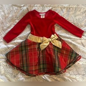 Toddler Girl Long Sleeve Red Velvet & Plaid Christmas Dress Size 2T